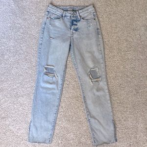High rise straight leg distressed jeans